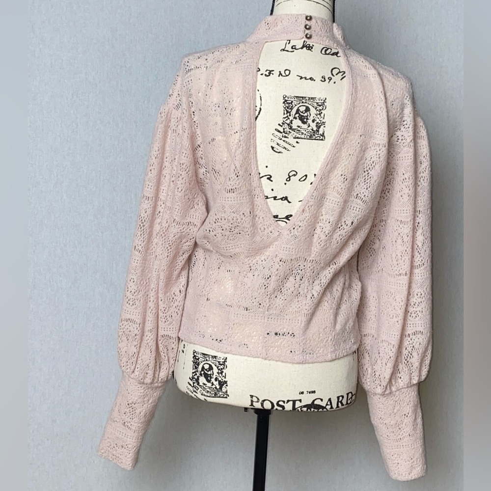 Free People Blush Pink Lace Mock Neck Top Balloon Sleeve Sheer Knit Boho L - Picture 8 of 13